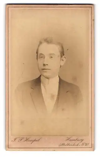 Fotografie J. P. Hempel, Hamburg, Stubbenhuk 20, Portrait junger Herr im Anzug mit Krawatte