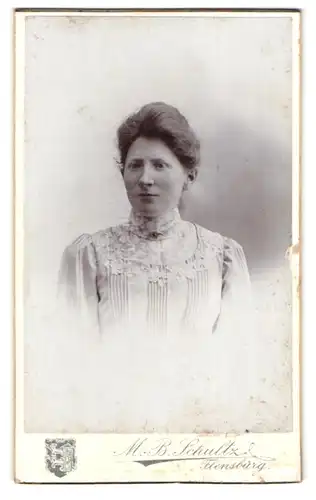 Fotografie M. B. Schultz, Flensburg, Nordenhofenden 13, Portrait junge Dame in hübscher Kleidung