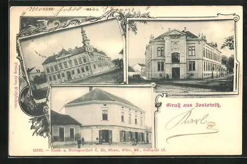 AK Joslowitz, Waarenhaus Franz Weiskirchner, Schule, Strassenpartie