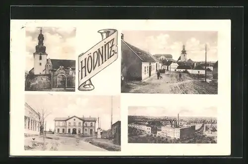 AK Hödnitz, Totalansicht, Kirche, Strassenpartie