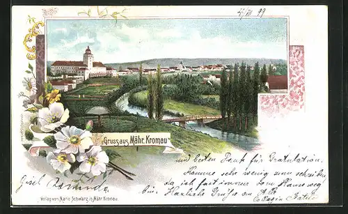 Lithographie Mähr. Kromau, Panorama mit Fluss