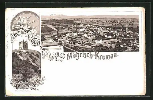 Lithographie Mähr. Kromau, Florianikapelle, Panorama