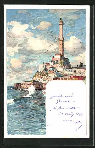 Künstler-AK Manuel Wielandt: Genova, Leuchtturm am Hafen