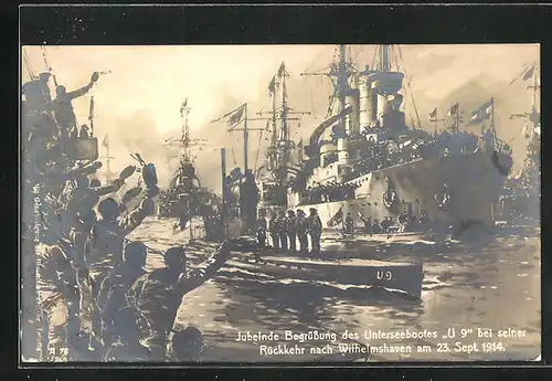 Künstler-AK Willy Stoewer: Wilhelmshaven, Begrüssung der Rückkehr des U-Bootes U9, 1914