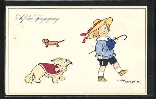 Künstler-AK Fritz Baumgarten: Mädchen beim Spaziergang mit Hund, Dackel