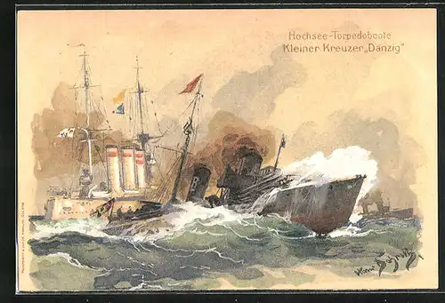 Künstler-AK Hans Bohrdt: Hochsee-Torpedoboote, Kleiner Kreuzer Danzig, Kriegsschiff