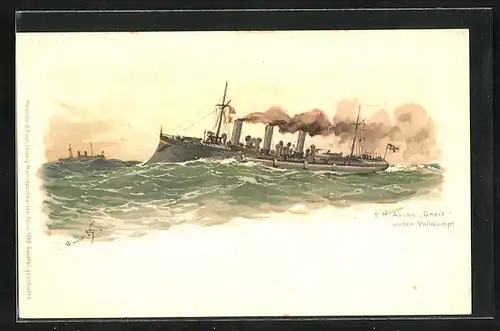 Künstler-AK Hans Bohrdt: S. M. Aviso Greif unter Volldampf, Kriegsschiff, Dampfer