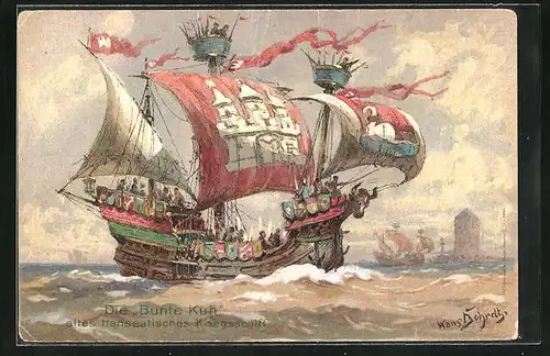 Künstler-AK Hans Bohrdt: Altes Hanseatisches Kriegsschiff, die Bunte Kuh