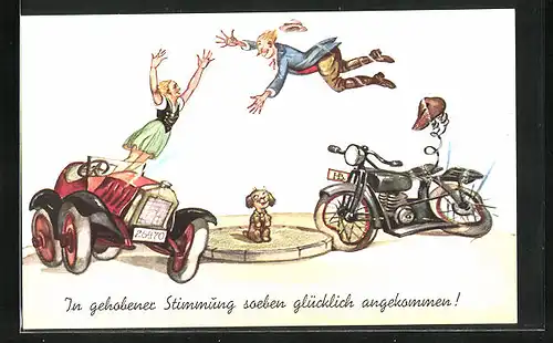 Künstler-AK Hans Boettcher: In gehobener Stimmung soeben glücklich angekommen!, Motorrad