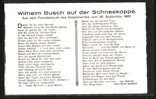 Künstler-AK Wilhelm Busch: Ausschnitt aus dem Fremdenbuch des Koppenwirtes 1882