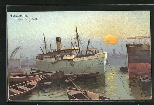 Künstler-AK Robert Kämmerer: Hamburg, Hafen bei Nacht, Dampfer