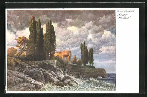 Künstler-AK Hermann Rüdisühli: Tempel am Meer, Klippenfelsen mit Wellen