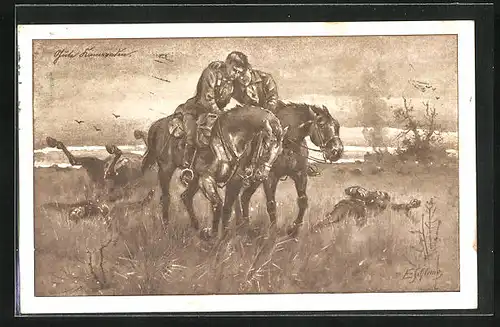 Künstler-AK Ernst Schlemo: Zwei Überlebende zu Pferde, Schlachtenszene