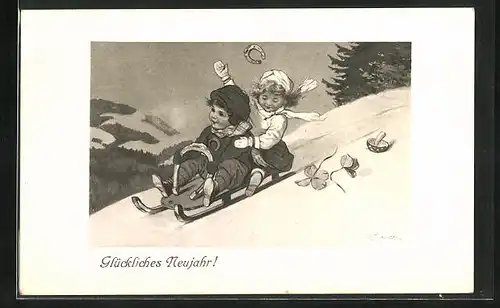 Künstler-AK Maxim Trübe: Zwei Kinder rodeln glücklich ins neue Jahr