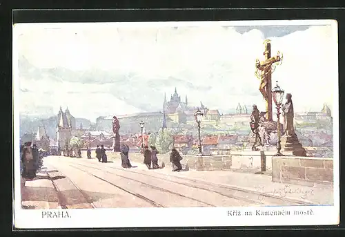 Künstler-AK Jaroslav Setelik: Praha, Kriz na Kamenném moste