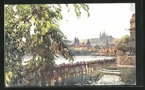 Künstler-AK Jaroslav Setelik: Blick auf Prag mit zarter Begleitmelodie vom Grunde der Moldau