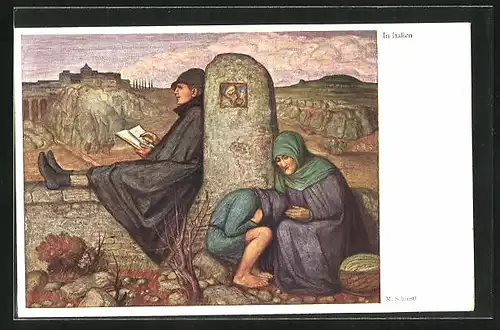 Künstler-AK Matthäus Schiestl: Kind versteckt sich unterm Rockzipfel der Mutter, lesender Mann lehnt an Stein