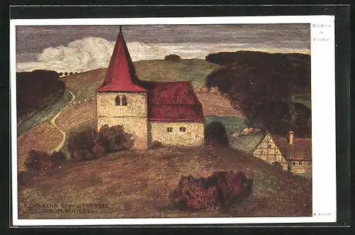 Künstler-AK Matthäus Schiestl: Dorfkirche im Feld