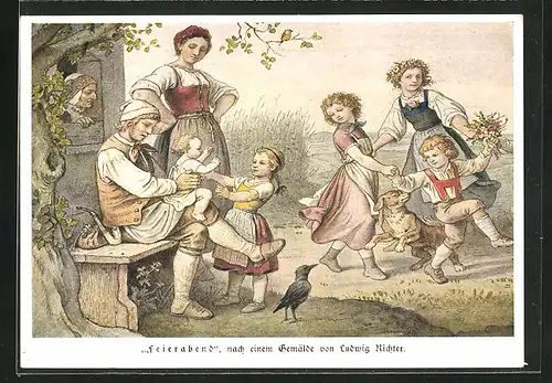 Künstler-AK Ludwig Richter: Feierabend Familienszene auf dem Hof