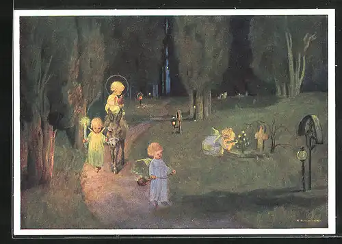 Künstler-AK Schönermark: Weihnachtsprozession von Engeln am Felde