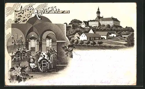 Lithographie Andechs, Ortspartie mit Kloster