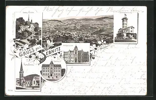 Lithographie Sebnitz, Grenadierburg, Rathaus, Postgebäude