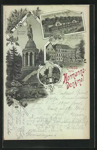 Lithographie Detmold, C. Reinecke`s Gasthof, Hotel Frankfurt, Hermanns-Denkmal