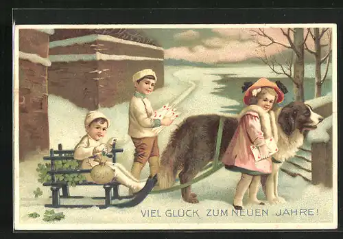 Präge-AK Kinder mit Briefen und Hundegespann am Neujahrsmorgen
