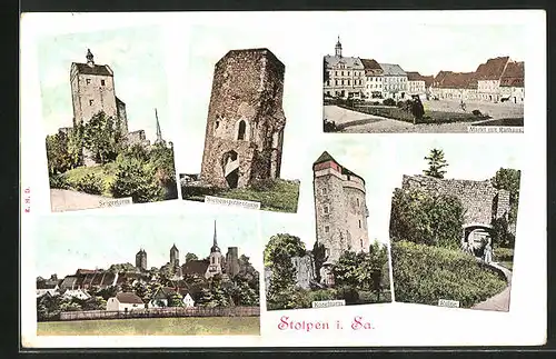 AK Stolpen i. Sa., Seigerturm, Siebenspitzturm, Markt mit Rathaus