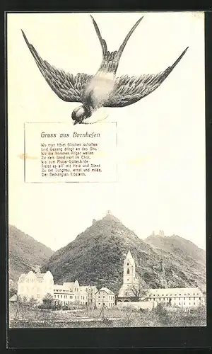 AK Bornhofen, Ortsansicht mit Bergpanorama, Gedicht