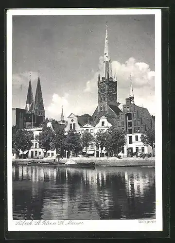 AK Lübeck, Flusspartie, St. Petri Kirche, St. Marien Kirche