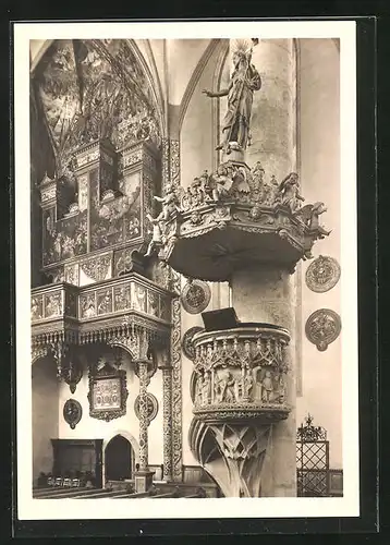 AK Nördlingen, Innenansicht St. Georgskirche, alte Orgel, Kanzel