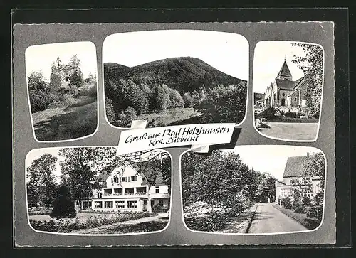 AK Bad Holzhausen, Ortspartie mit Kirche, Ruine, Berglandschaft