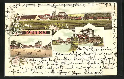 Lithographie Dürnholz, Namesti a kostel, Panorama