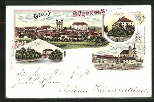 Lithographie Dürnholz, Schloss, Platz, Thayapartie, Panorama