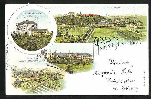 Lithographie Heinrichsthal, Schloss, K. k. priv. Bobbinnet u. Spitzenfabrik, Panorama
