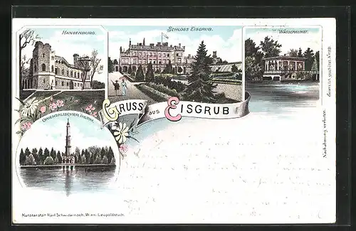 Lithographie Eisgrub, Wasserkunst, Schloss, Hansenburg