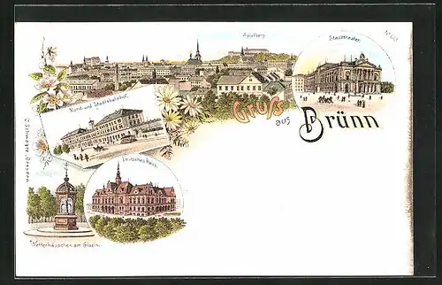 Lithographie Brünn / Brno, Nord- und Staatsbahnhof, Deutsches Haus, Stadttheater