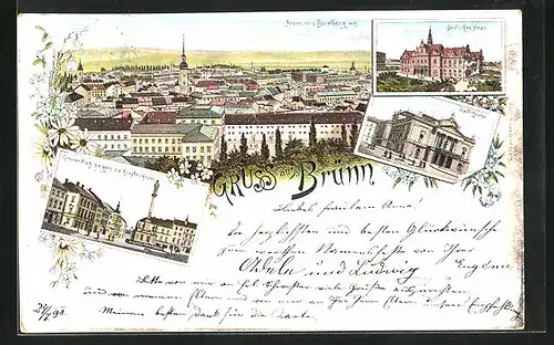 Lithographie Brünn / Brno, Deutsches Haus, Stadttheater, Ortsansicht v. Spielberg