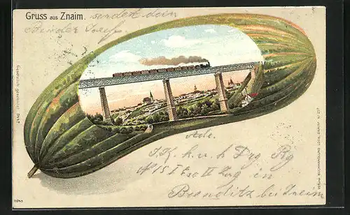 Künstler-AK Znaim, Eisenbahnbrücke in einer Gurke, Passepartout