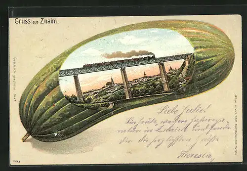 Künstler-AK Znaim, Eisenbahnbrücke in einer Gurke, Passepartout