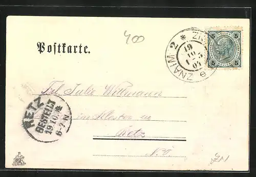 Künstler-AK Znaim, Eisenbahnbrücke in einer Gurke, Passepartout