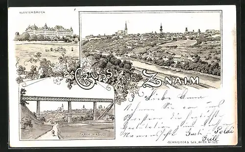 Lithographie Znaim, Teilansicht, Klosterbruck, Thaya Viaduct