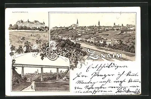 Lithographie Znaim, Teilansicht, Klosterbruck, Thaya Viaduct