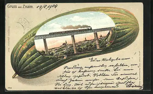 Künstler-AK Znaim, Eisenbahnbrücke in einer Gurke, Passepartout