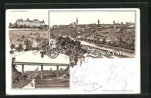 Lithographie Znaim, Teilansicht, Klosterbruck, Thaya Viaduct