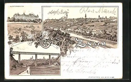 Lithographie Znaim, Teilansicht, Klosterbruck, Thaya Viaduct