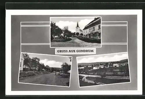 AK Gundrum, Kirche, Strassenpartie mit Gebäudeansicht, Ortspartie