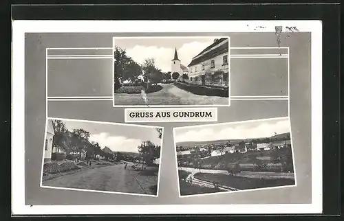AK Gundrum, Kirche, Strassenpartie mit Gebäudeansicht, Ortspartie