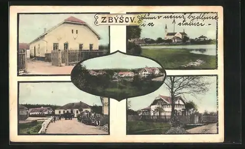 AK Zbysov, Strassenpartie mit Gasthaus, Uferpartie, Ortspartie